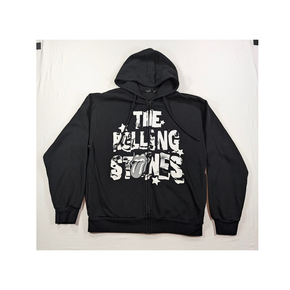 The Rolling Stones Mens Full Zip Hoodie Black Graphic Rock Band Sweatshirt L